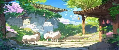动漫场景配图，展示与羊宫妃相关的作品世界观背景，自然系色调，体现角色所在故事的氛围